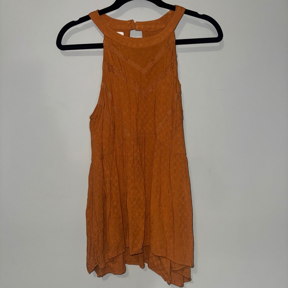 Burnt‎ Orange Halter Neck Babydoll Top Chevron Lace Textured Sleeveless Flowy